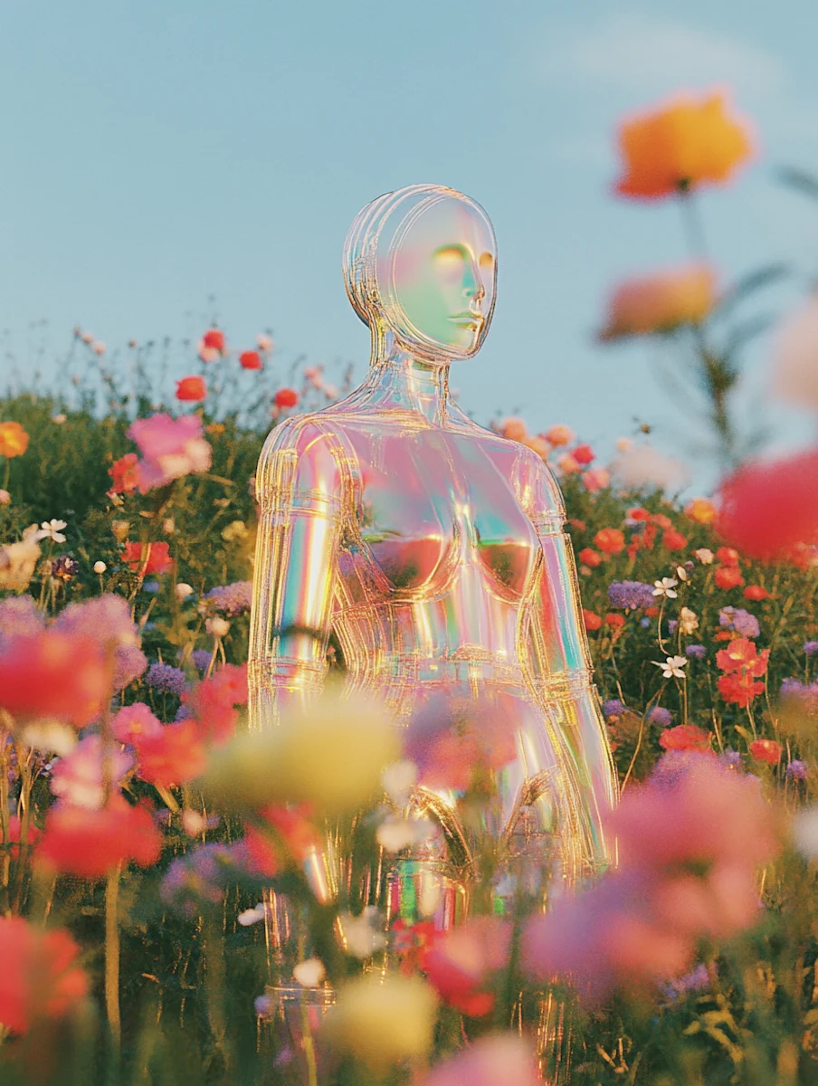 A translucent, iridescent glass figure standing in a field of wildflowers at golden hour